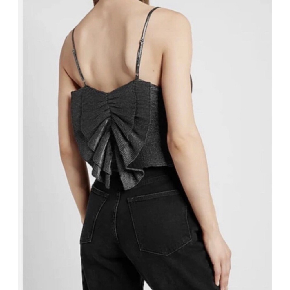 NWT Express Pleated Metallic Cami Top Charcoal Grey Back Bow Detail Size L